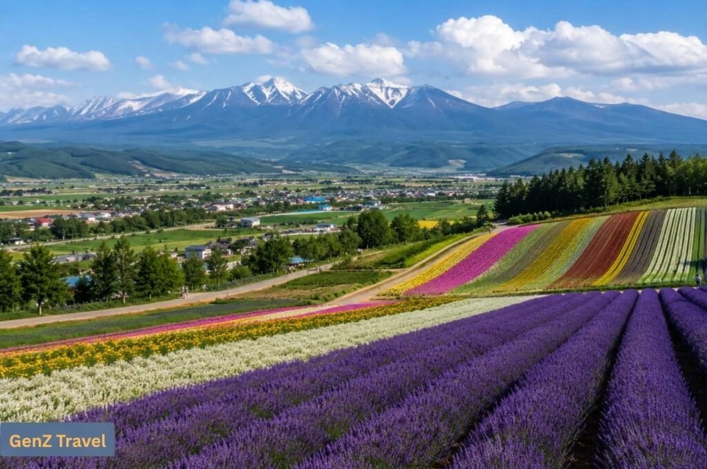 Hokkaido: Colourful flower fields and lavender rows beneath Hokkaido’s mountain landscape.