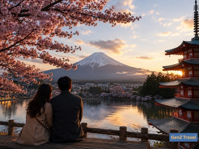 Couple watching Mount Fuji at sunset with cherry blossoms during a Honeymoon Trip to Japan