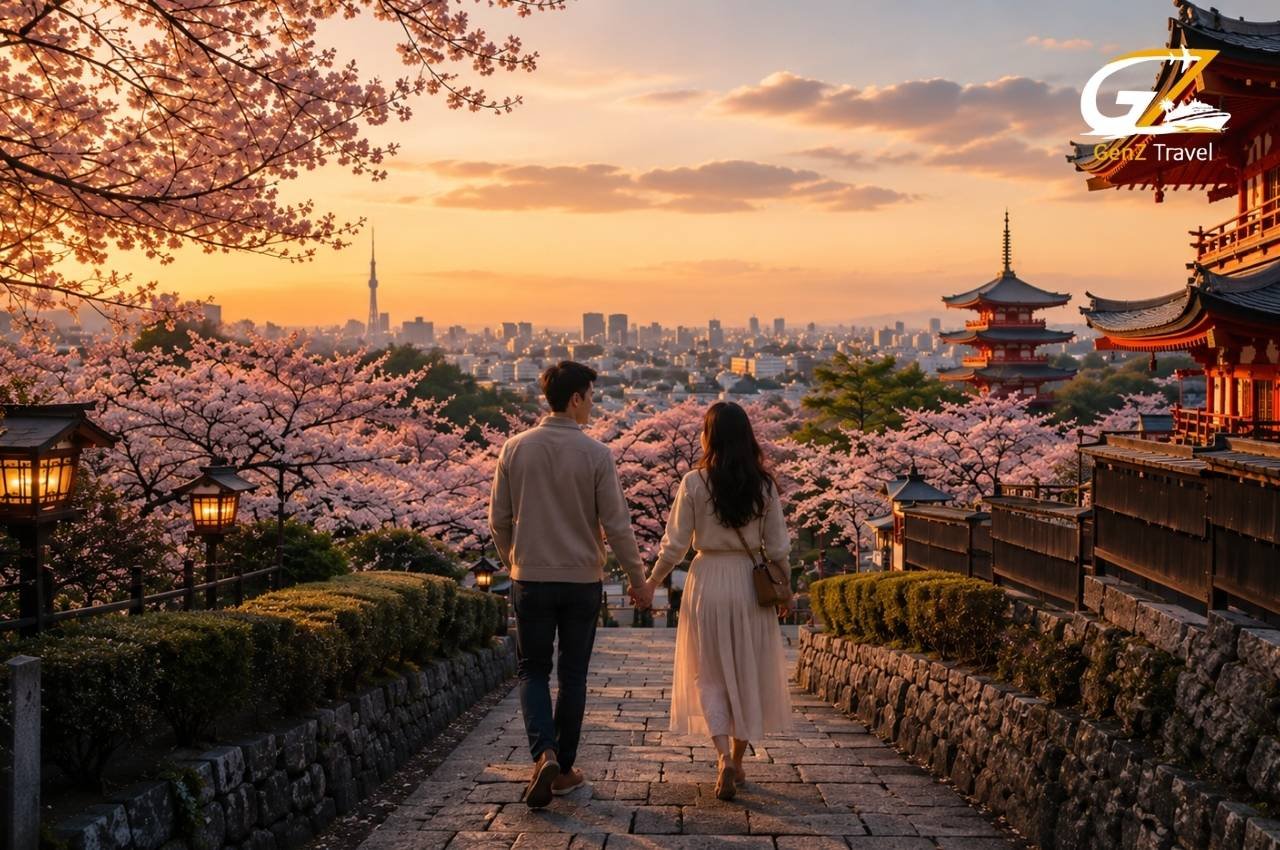 Honeymoon trip to Japan with a couple walking through cherry blossom paths near traditional temples at sunset.