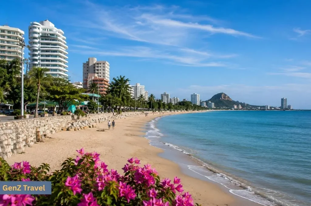 Hua Hin beachfront with calm blue sea, coastal hotels and distant mountain views