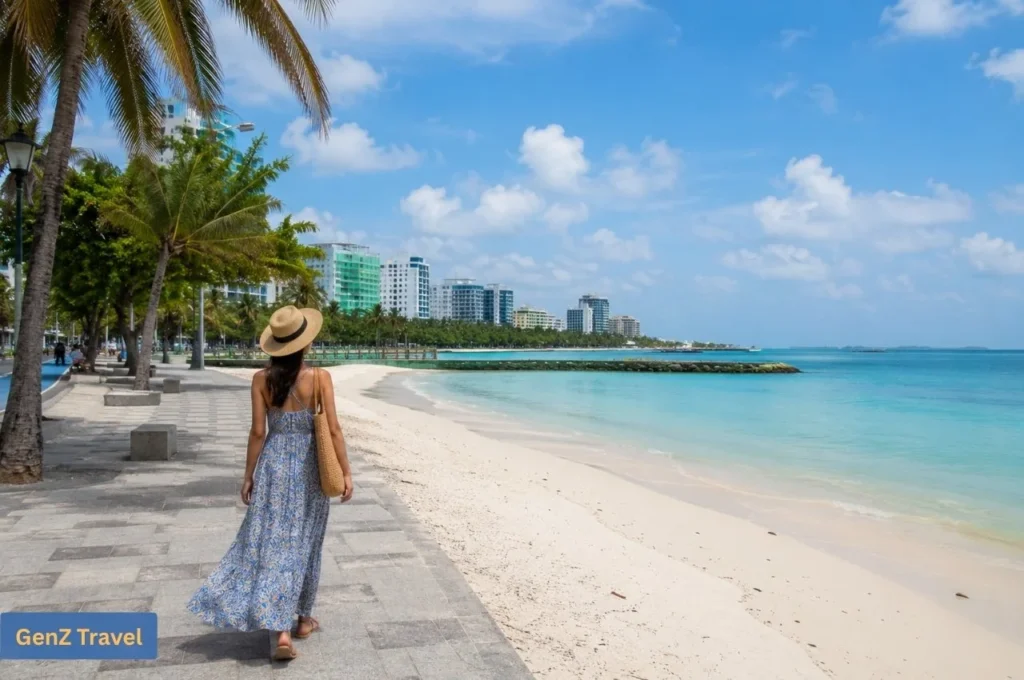 Traveller walking along Hulhumalé Beach promenade beside turquoise water and modern city hotels.