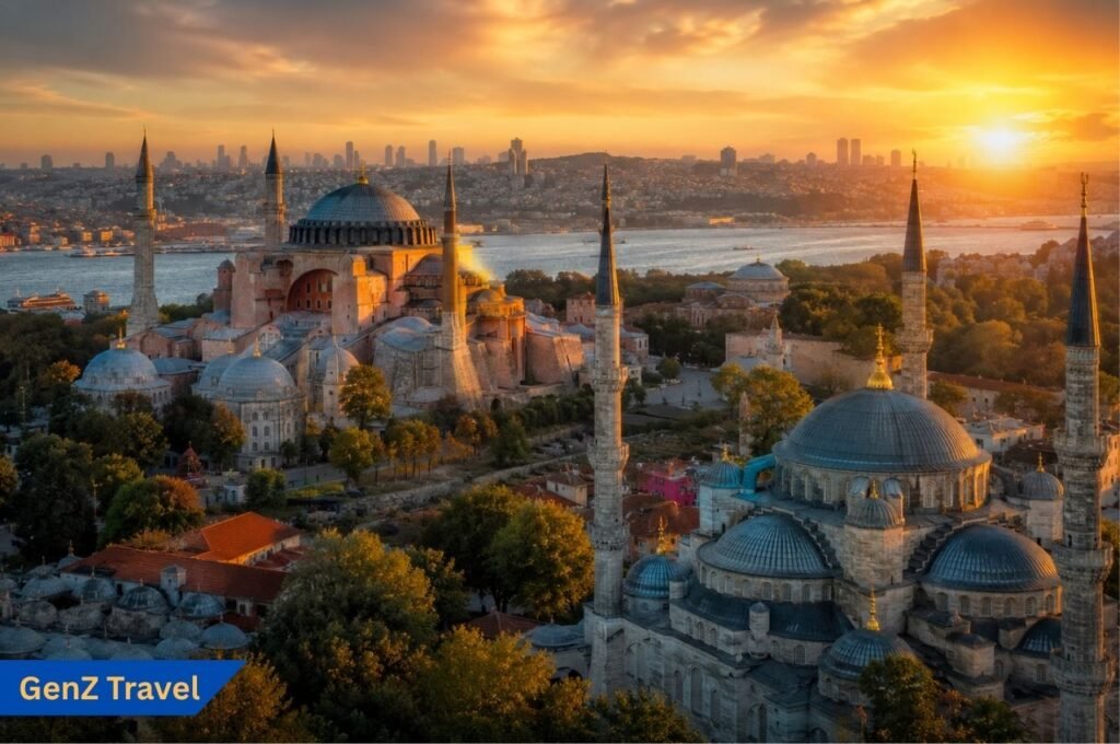 Istanbul skyline with Hagia Sophia and Blue Mosque at sunset, best for first-time visitors to Turkey