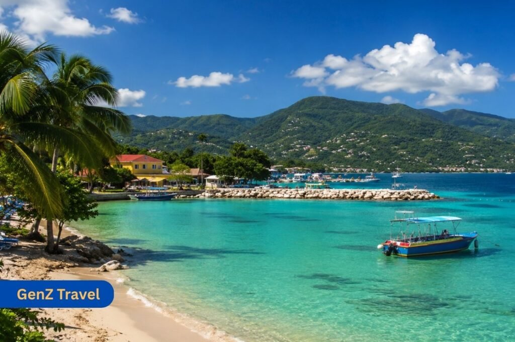 Jamaica coastline with turquoise water, tropical mountains, palm trees and a colourful boat near the beach.