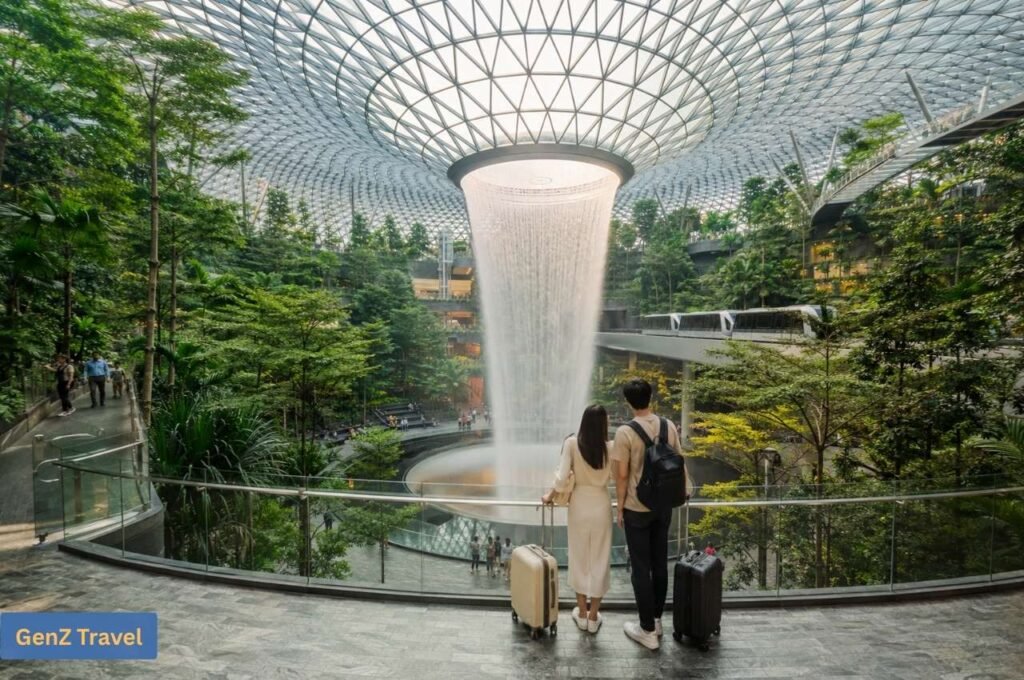 Couple with luggage overlooking the Rain Vortex waterfall inside Jewel Changi Airport, Singapore.
