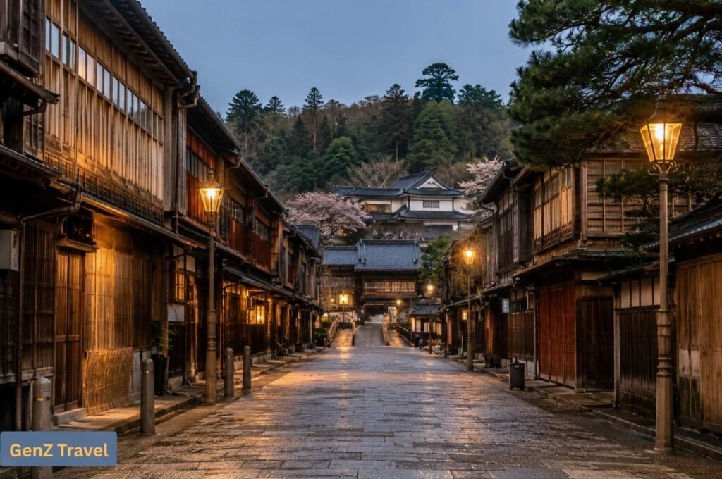 Kanazawa: Traditional wooden street illuminated by lanterns in Kanazawa’s historic district.