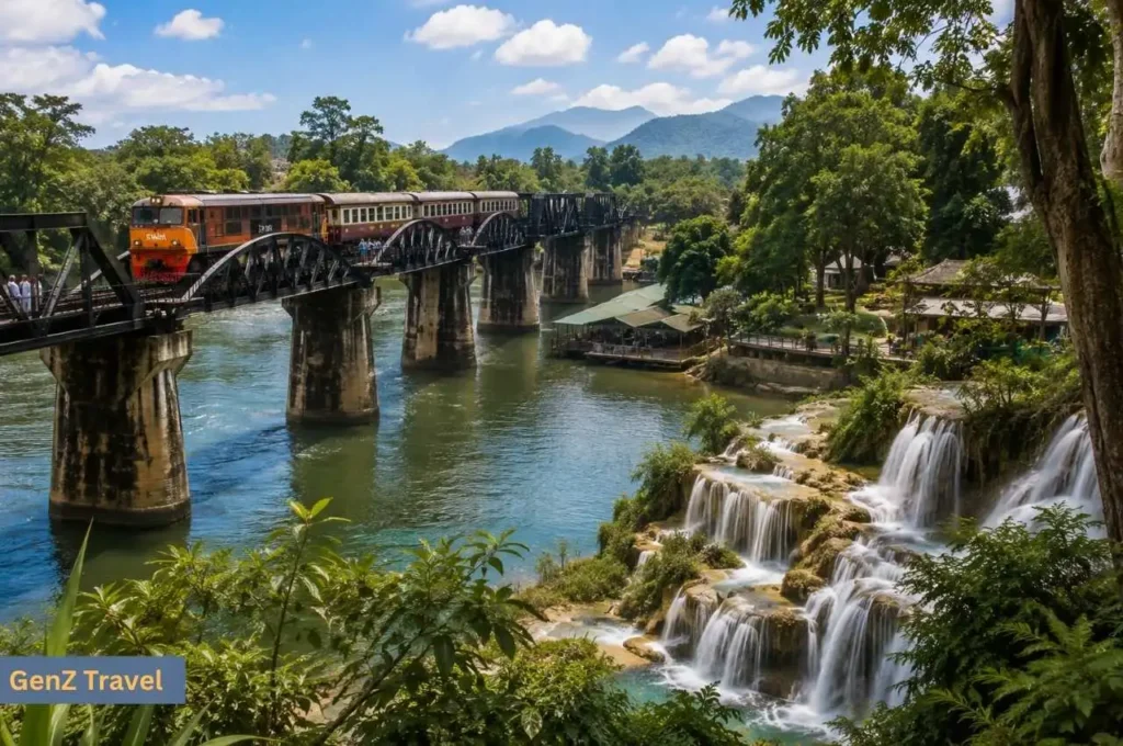 Train crossing the River Kwai bridge beside waterfalls and forested mountains in Kanchanaburi