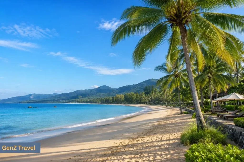 Quiet palm-lined beach with calm turquoise water and resort loungers in Khao Lak