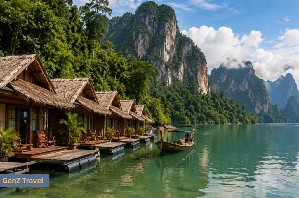 Floating bungalows on Cheow Lan Lake surrounded by rainforest and limestone cliffs in Khao Sok National Park