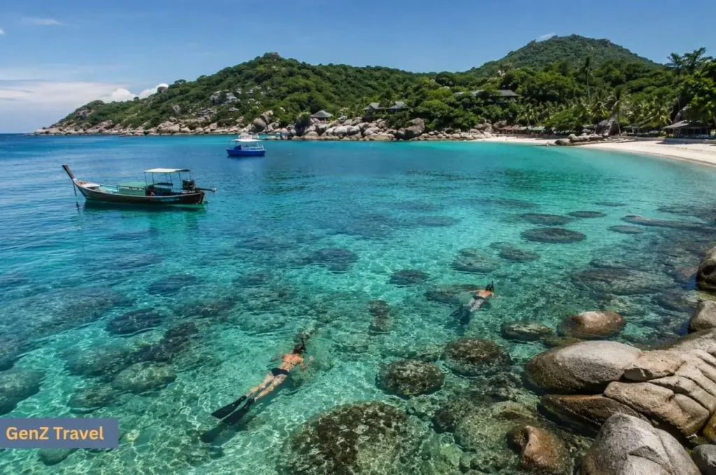 Travellers snorkelling in clear turquoise water beside coral reefs and boats in Koh Tao