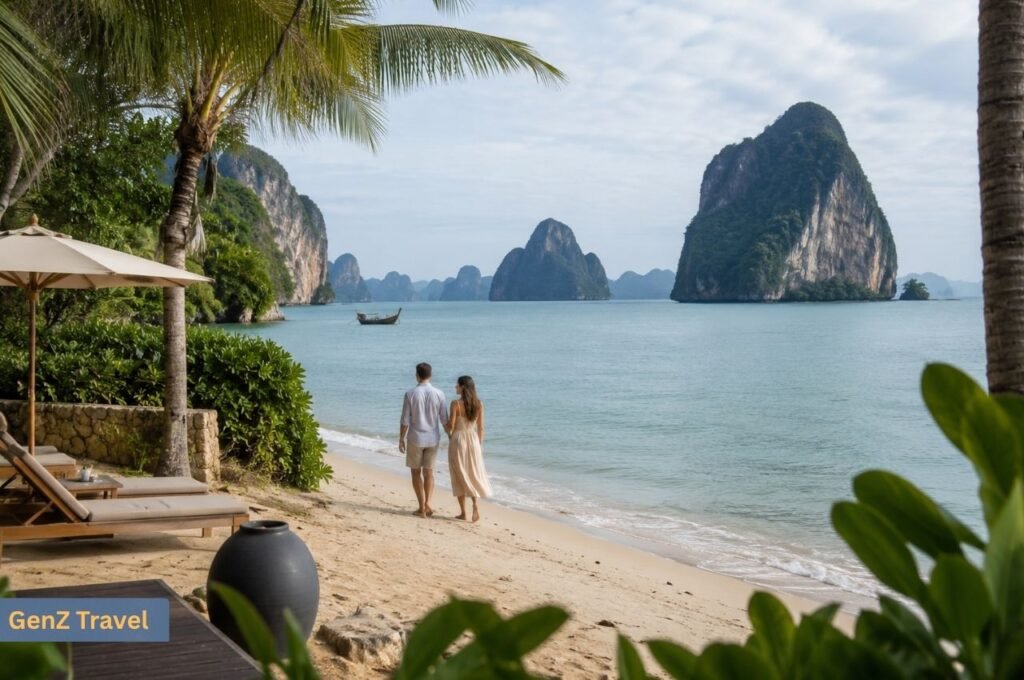 Couple walking along a quiet Koh Yao beach with limestone islands and a luxury resort in Thailand