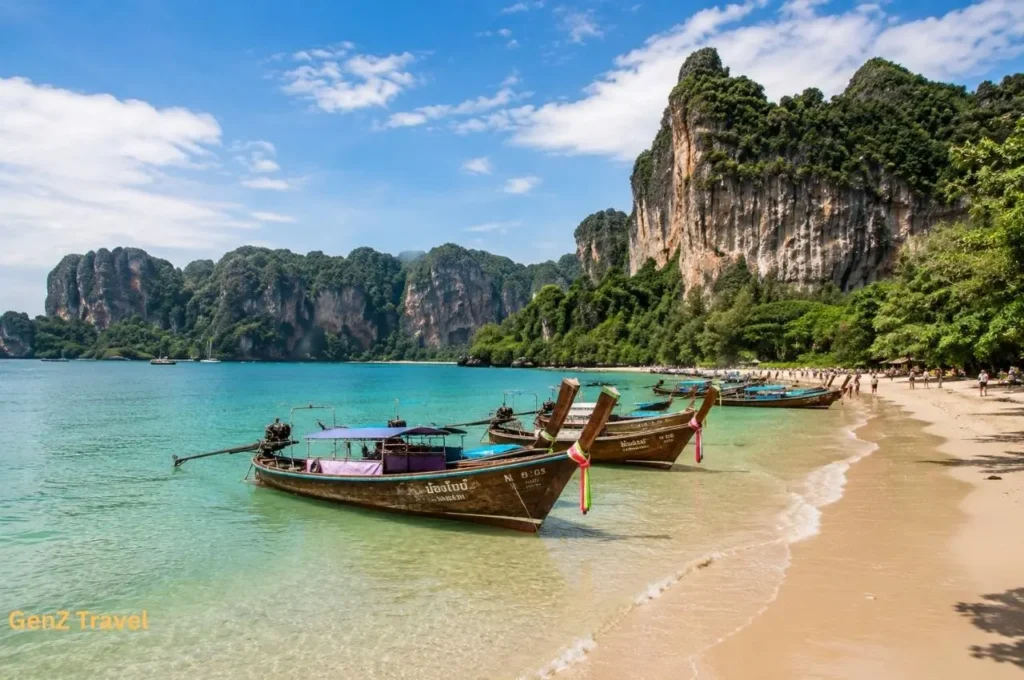 Traditional long-tail boats beside limestone cliffs and turquoise water at Railay Beach in Krabi