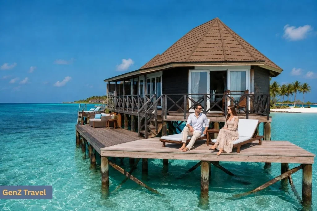 Couple relaxing outside a Kuredu Island Resort overwater villa in the Maldives