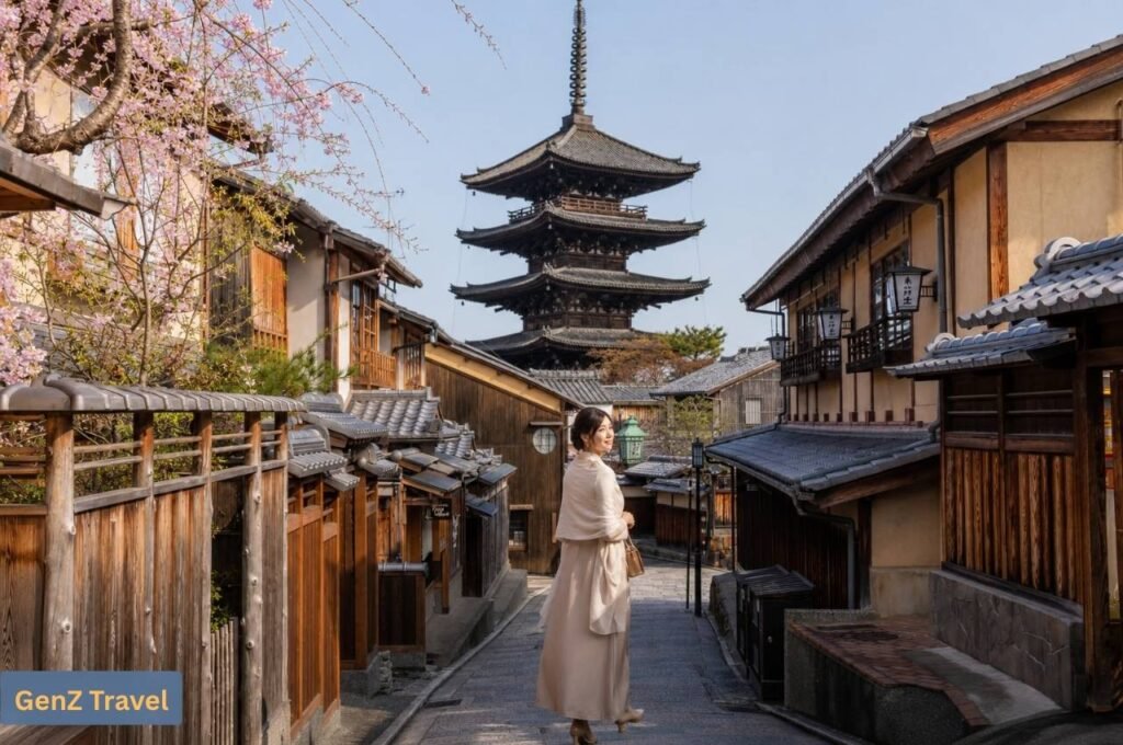 Kyoto: Woman exploring a traditional Kyoto street with a historic pagoda and cherry blossoms.