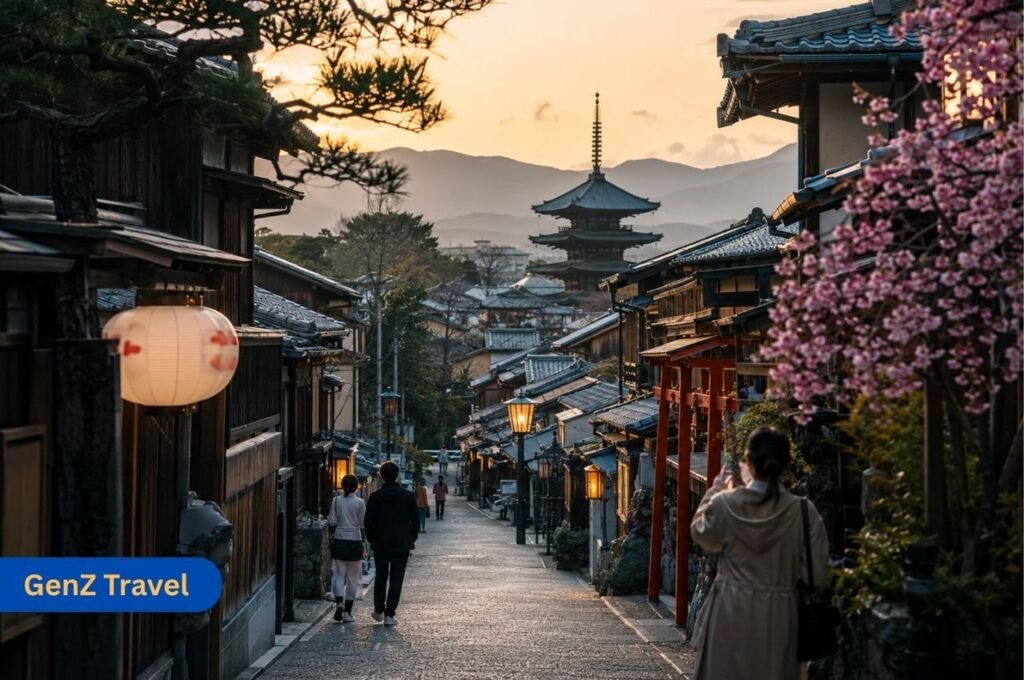 Kyoto Japan holidays with traditional streets, temples, cherry blossom, lanterns and cultural travel scenery