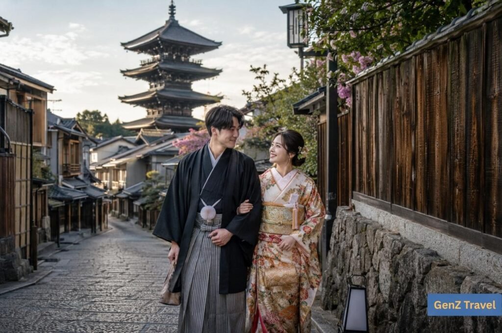 Couple in traditional kimono walking through Kyoto streets during a Honeymoon Trip to Japan