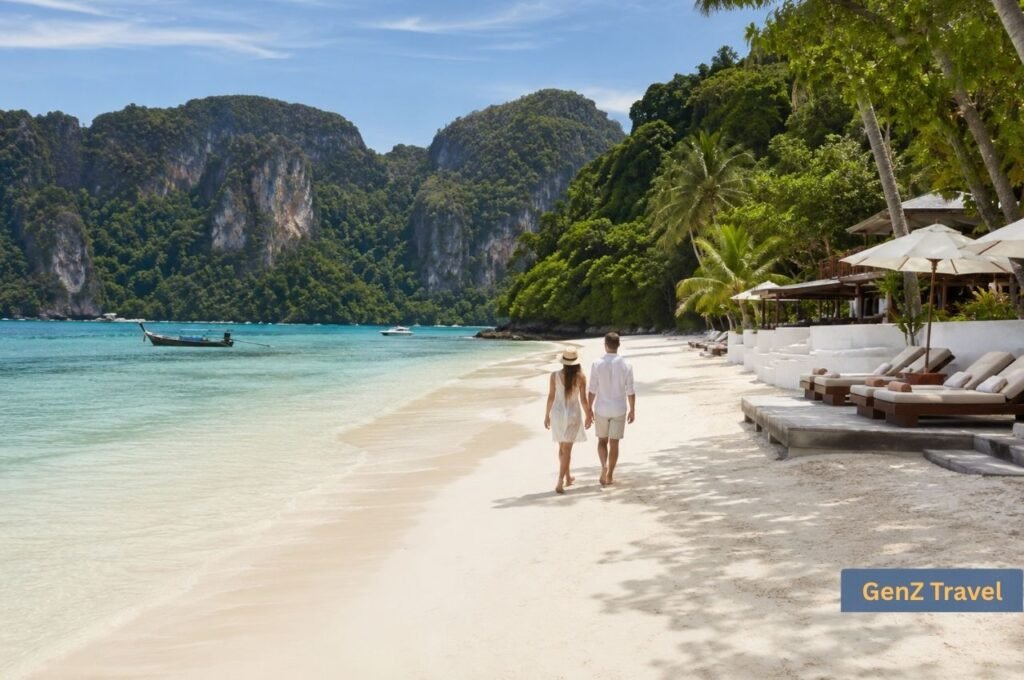 Couple walking beside a secluded luxury resort on Laem Tong Beach, Phi Phi