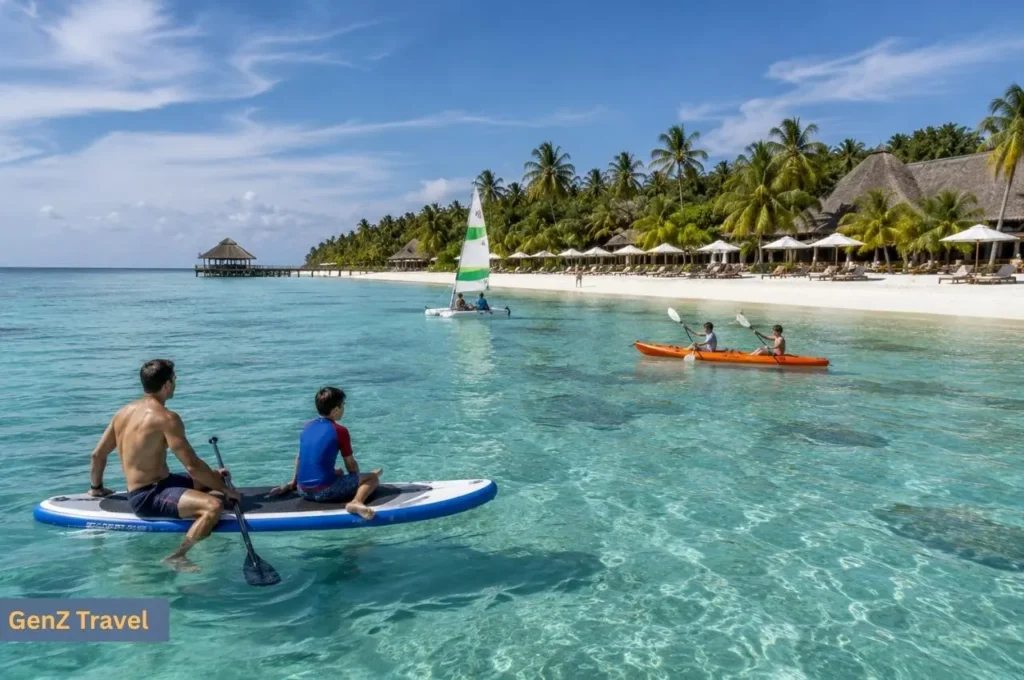 Family enjoying paddleboarding, kayaking and sailing in the calm lagoon of Lhaviyani Atoll