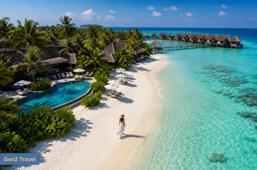 Aerial view of Lily Beach Maldives with a beachfront pool, overwater villas and a woman walking on the sand.