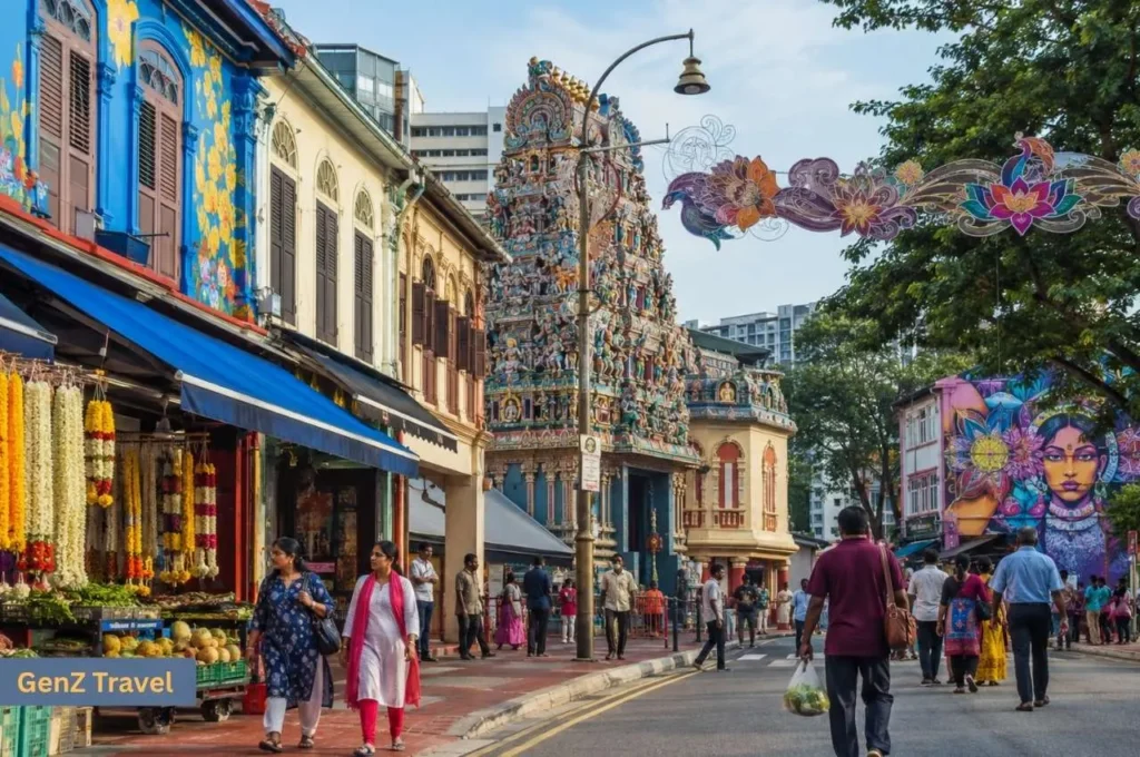 Colourful Little India street with Sri Veeramakaliamman Temple, murals and local shops