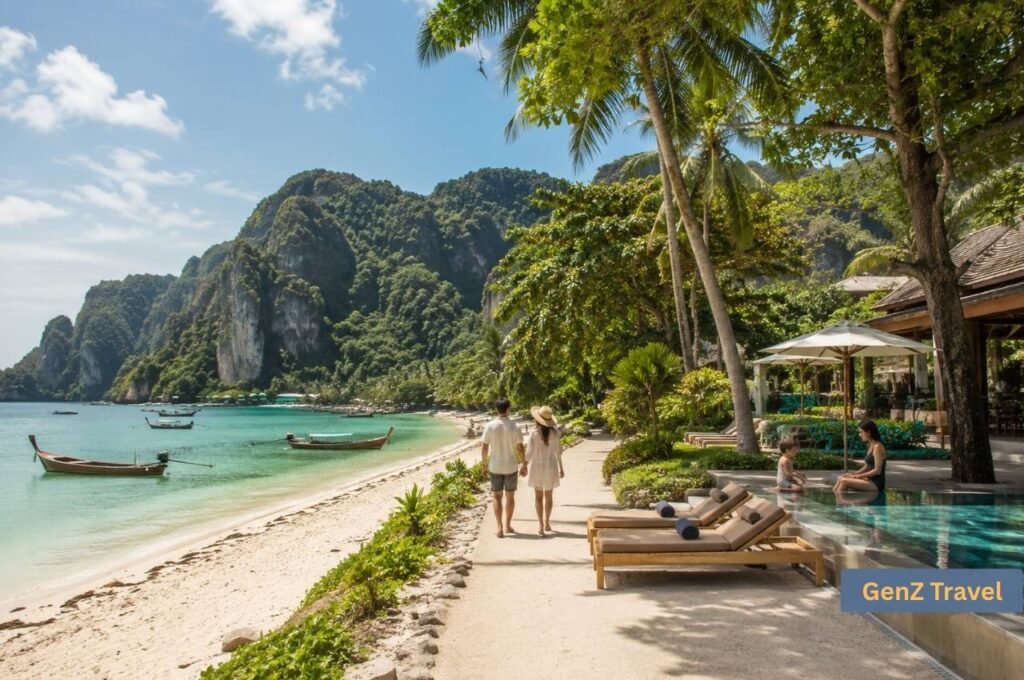 Peaceful beachfront resort with pool and longtail boats at Loh Ba Kao Bay