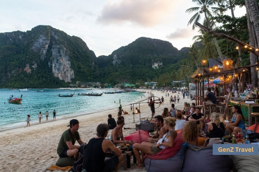 Backpackers relaxing at beachfront bars on lively Loh Dalum Bay at sunse