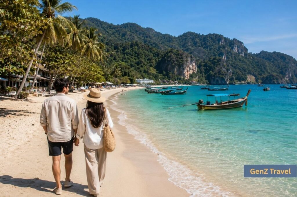 Fully dressed couple walking along Long Beach with turquoise water and longtail boats