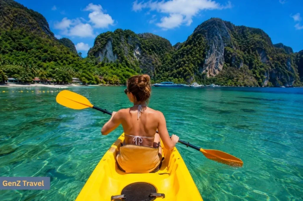 Traveller kayaking across clear turquoise water towards the limestone cliffs of Phi Phi Don.