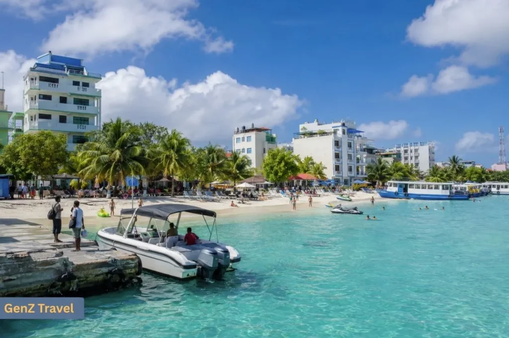 Busy Maafushi beach with local hotels, speedboats, watersports and visitors in turquoise water