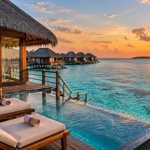 Maldives luxury tour package from UK with private overwater villa, infinity pool, sunset ocean views, and tropical island scenery