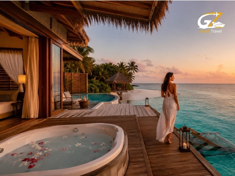 Woman enjoying sunset views from a Maldives overwater villa with private Jacuzzi and lagoon deck