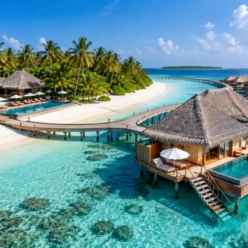 Luxury Maldives tour package from UK featuring overwater villas, turquoise lagoons, white sandy beaches, and a tropical island resort getaway