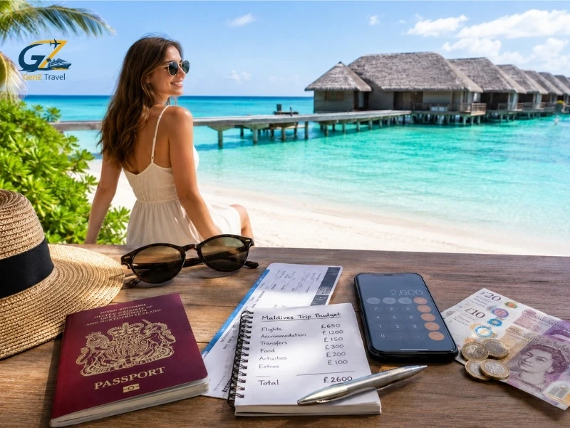 UK traveller planning a Maldives trip cost with a budget notebook, passport, calculator and British pounds beside an overwater villa resort.