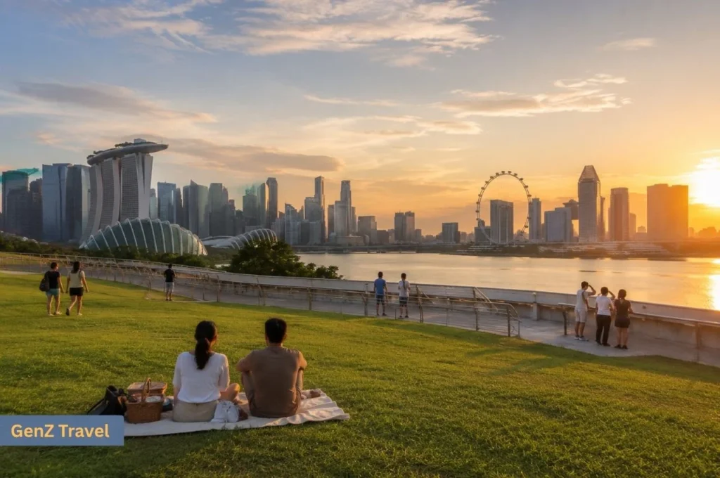 Visitors enjoying a sunset picnic and Singapore skyline views from Marina Barrage
