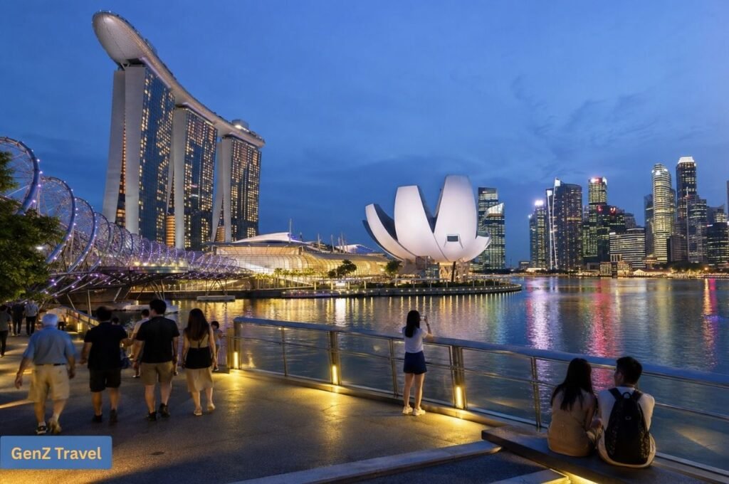 Evening view of Marina Bay Sands, the ArtScience Museum and Singapore’s illuminated waterfront.