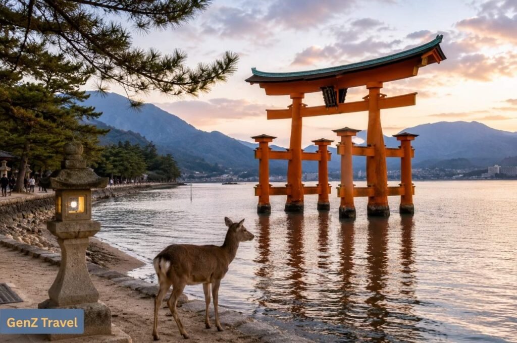Miyajima: Itsukushima Shrine torii gate at sunset with a deer on Miyajima Island.