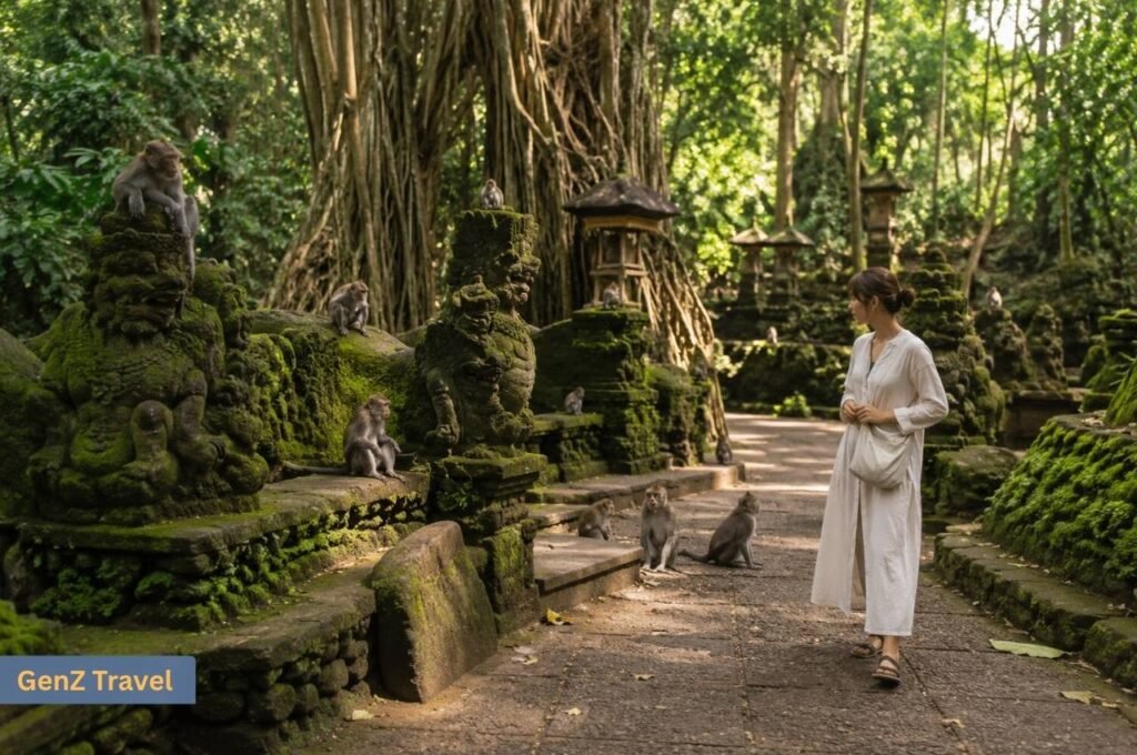Visitor walking among long-tailed macaques and moss-covered statues in Ubud’s Sacred Monkey Forest.