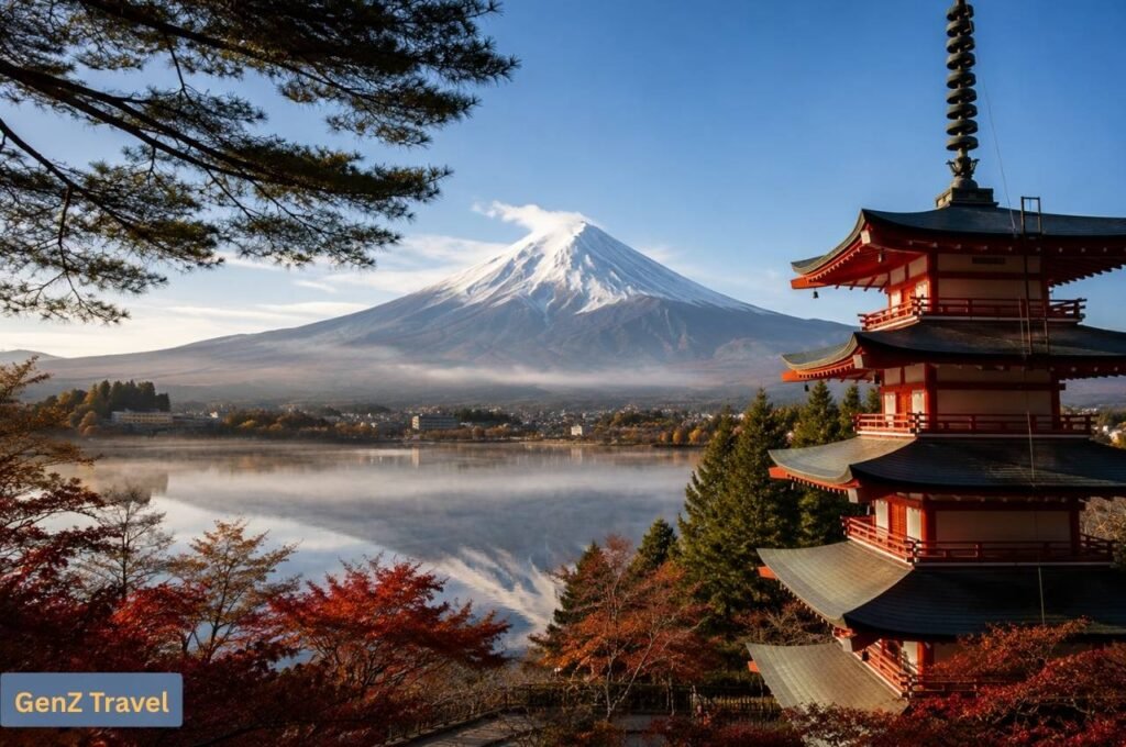 Mount Fuji and Fuji Five Lakes: Mount Fuji reflected in Lake Kawaguchi beside Chureito Pagoda in autumn.