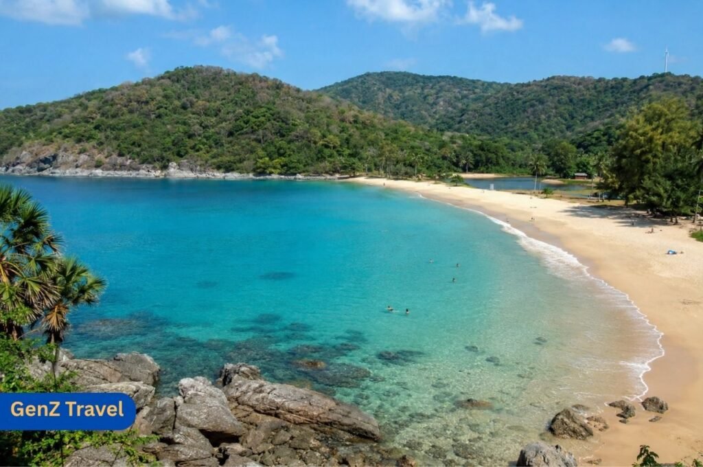 Nai Harn Beach Phuket scenic bay with clear water, green hills and local atmosphere