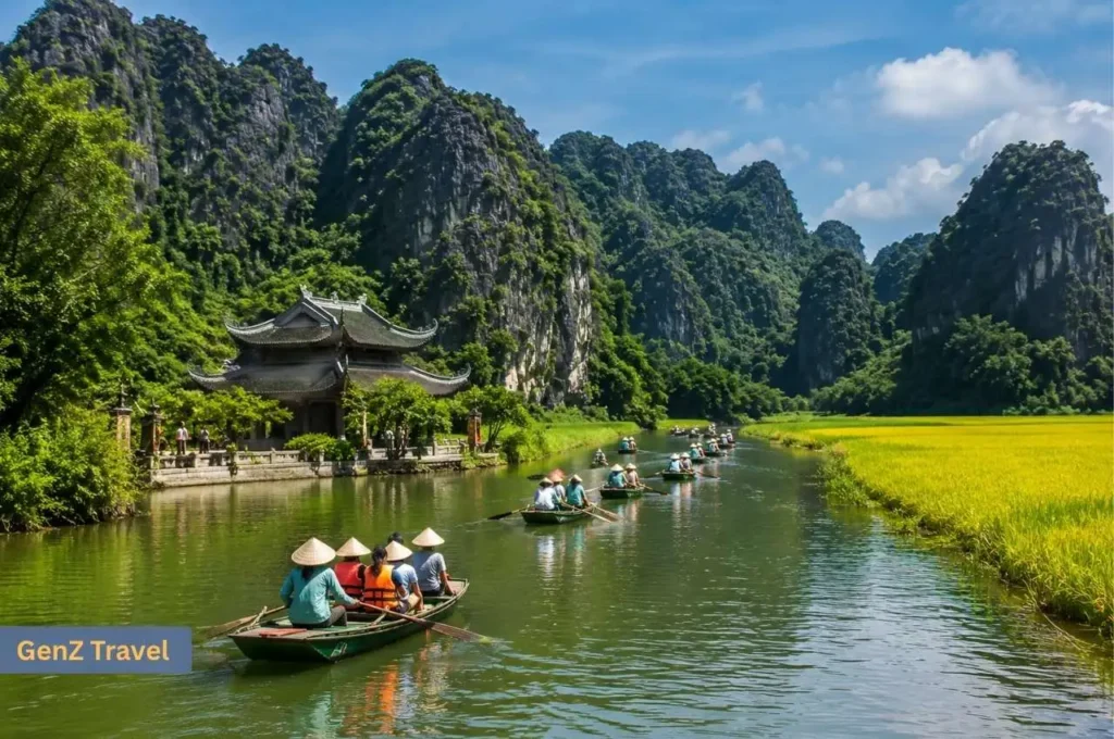 Traditional rowing boats travelling through rice fields and limestone mountains in Ninh Binh, Vietnam