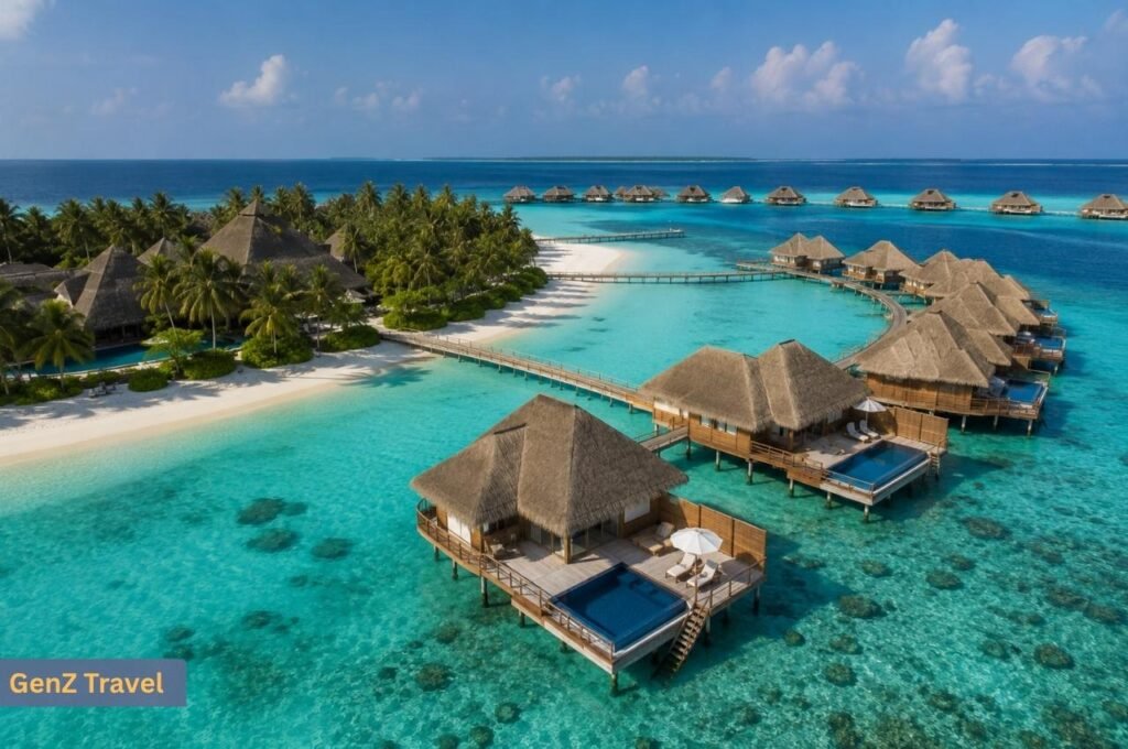 Luxury overwater villas with private pools surrounded by a turquoise lagoon in Noonu Atoll