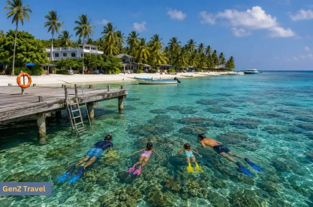 Family snorkelling over a shallow house reef near the jetty on Ukulhas Island in North Ari Atoll