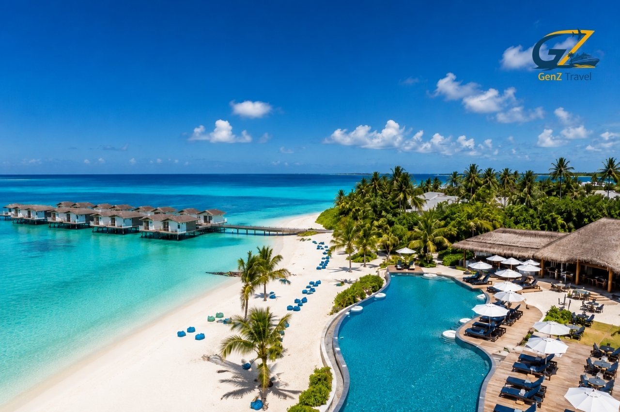 Oblu Xperience Ailafushi resort with turquoise lagoon, overwater villas, white-sand beach and beachfront swimming pool in the Maldives.