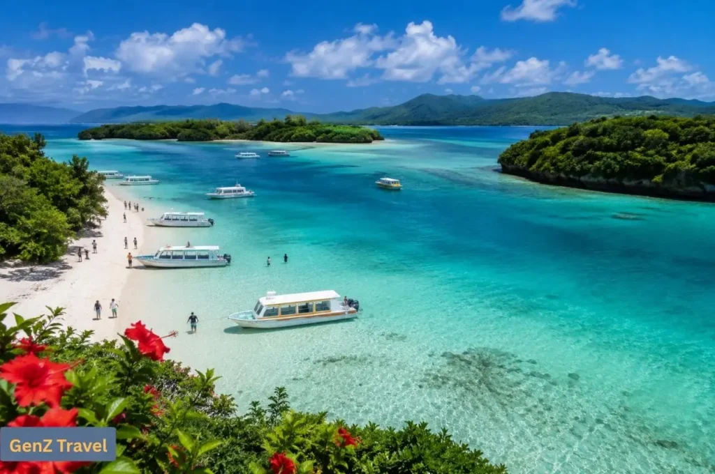 Okinawa: Turquoise Okinawa lagoon with white-sand beach, tropical islands and sightseeing boats.