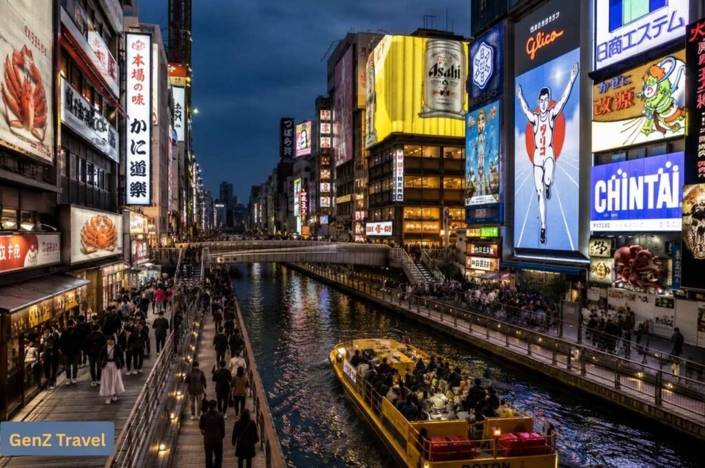 Osaka: Dotonbori canal at night with neon signs, crowds and a sightseeing boat.