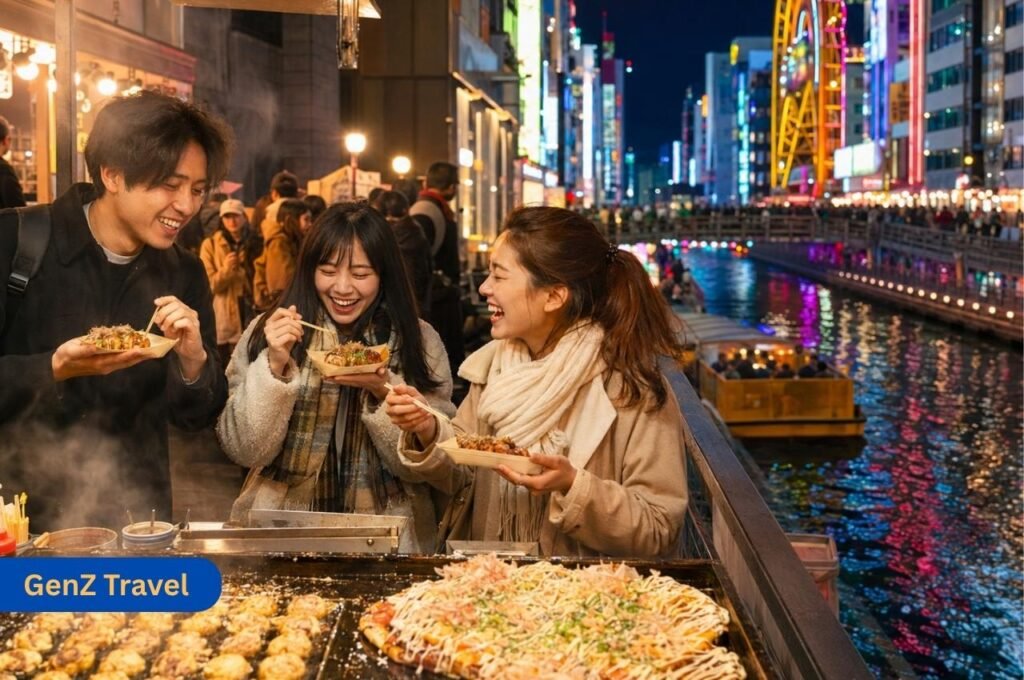 Osaka Japan holidays with Dotonbori nightlife, street food stalls, canal lights and travellers enjoying local food