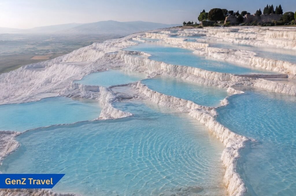 Pamukkale white travertine terraces with blue thermal pools in Turkey