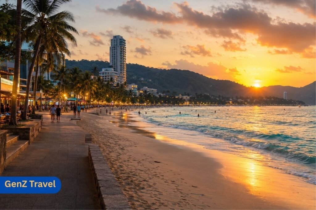 Patong Beach Phuket at sunset with lively beachfront and nightlife atmosphere