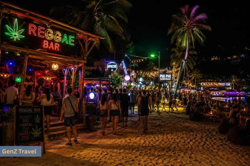 Busy Phi Phi Island nightlife scene with beach bars, colourful lights and evening crowds near Loh Dalum.