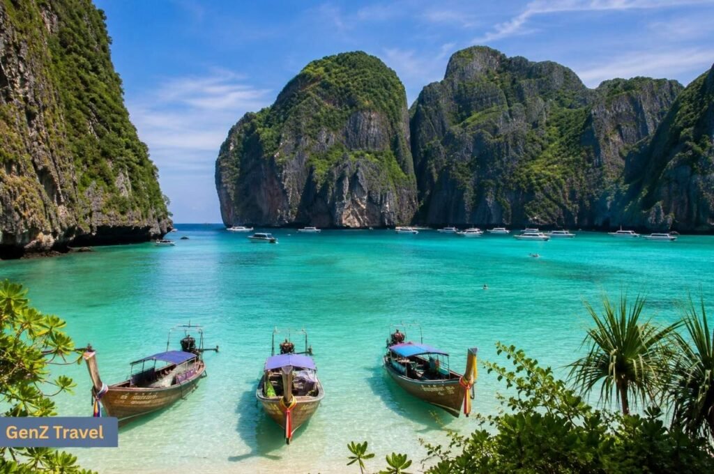 Long-tail boats in a turquoise bay surrounded by limestone cliffs in the Phi Phi Islands