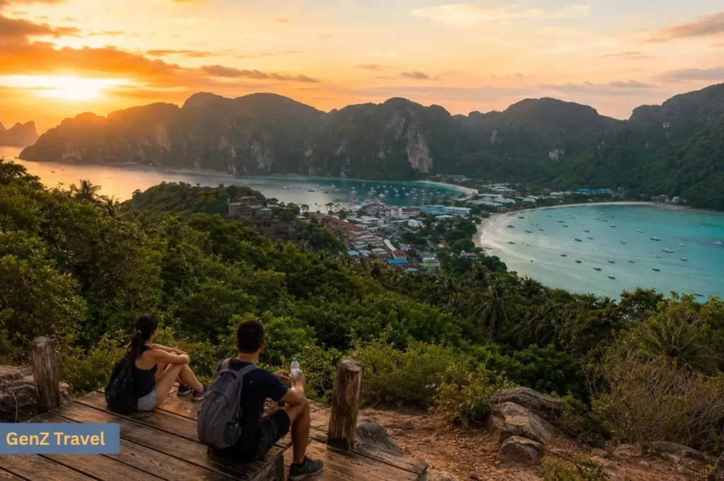 Travellers watching the sunset over Tonsai Bay and Loh Dalum Bay from Phi Phi Viewpoint